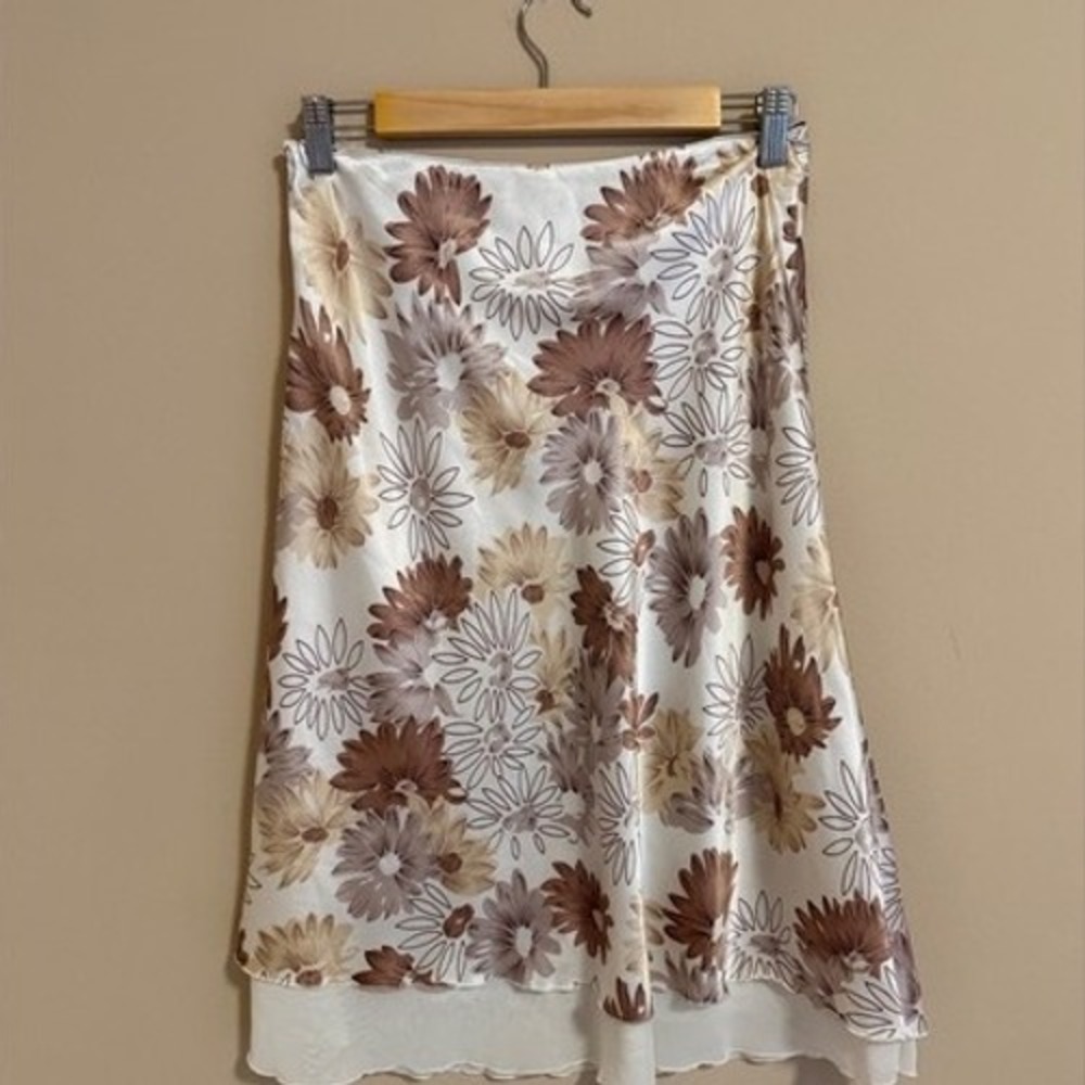 Floral A-Line Silk Midi Skirt in Cream and Dusty Rose